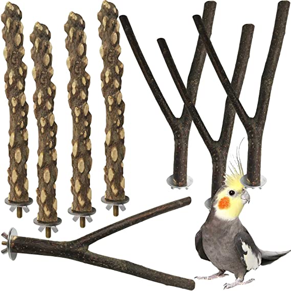 kathson Natural Bird Wood Perch Parakeet Standing Toy Sticks Parrot Paw Grinding Branches Cockatiels Cage Chewable Accessories for Conures Macaws Finches 8 PCS