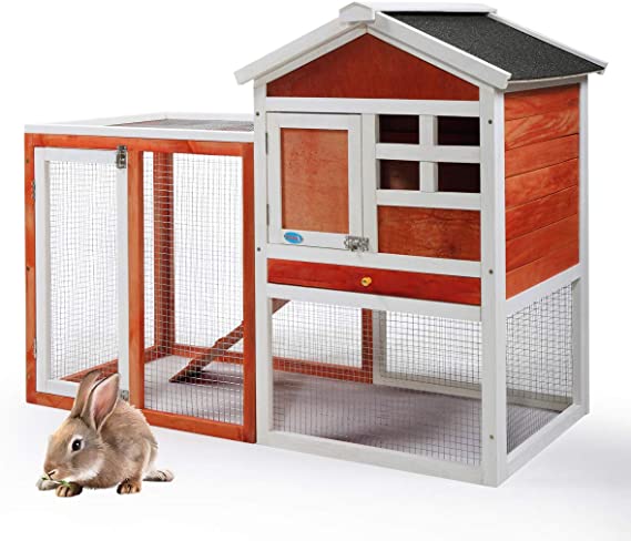 JAXPETY 44" Wooden Rabbit Hutch Cage House Habitat Animal Pet Chicken Coop Indoor Outdoor, Red & White