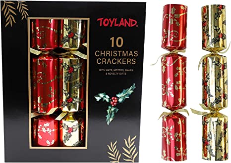 Pack of 10-36cm Luxury Red, Gold & Green Foil Christmas Crackers with Holly Design