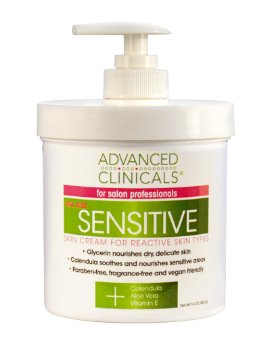 Advanced Clinicals Sensitive Moisturizing Skin Cream 16oz with Pump. Paraben Free, Fragrance-free. Vegan Friendly.