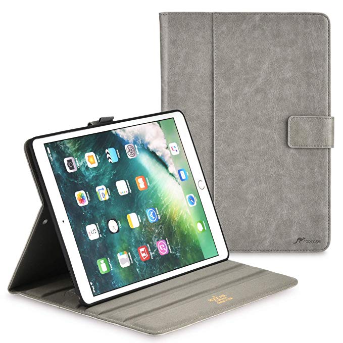 rooCASE iPad 9.7 2018/2017 Case, Premium Leather Folio Case with Apple Pencil Holder, Multi-Angle Viewing Stand, Smart Cover Auto Sleep/Wake Function for Apple iPad 9.7-inch 2017/2018, Gray