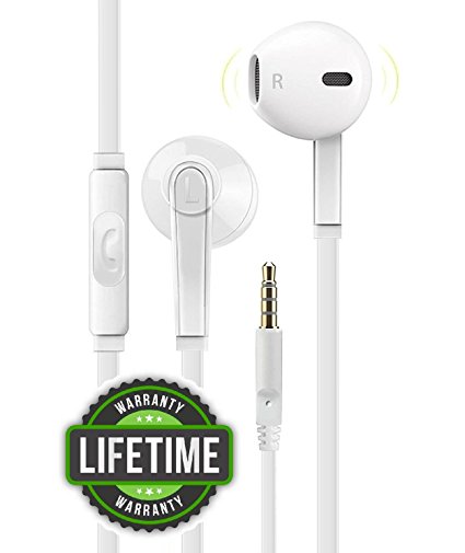 Headphones with Microphone, Certified PowerBoost Stereo Flat Wired 3.5mm In-Ear Earphones Control Crystal Sound Earbuds for iPhone iPad iPod Laptop Tablet Android LG HTC Smartphones (White)