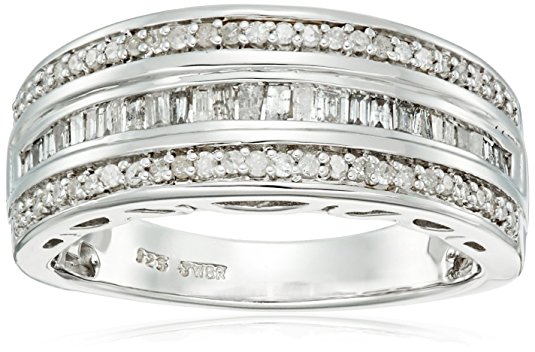 Sterling Silver Round and Baguette Diamond Band (1/2 cttw, IJ Color, I2-I3 Clarity)