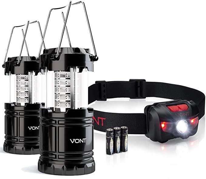 Vont 2-Pack Lantern and Tron Headlamp Bundle - Ideal Lighting Combo for Every Home, Car - Emergency Use During Car Breakdown, Outages During Typhoons - Excellent Light Partner Set for Camping, Biking