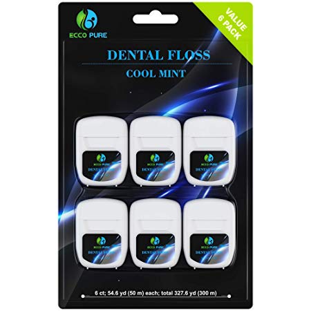 ECCO PURE Dental Floss 6-Pack Premium Quality | Fresh Mint | Waxed | Shred Resistant | Silky Smooth Texture | 50m x Count 6-Pack