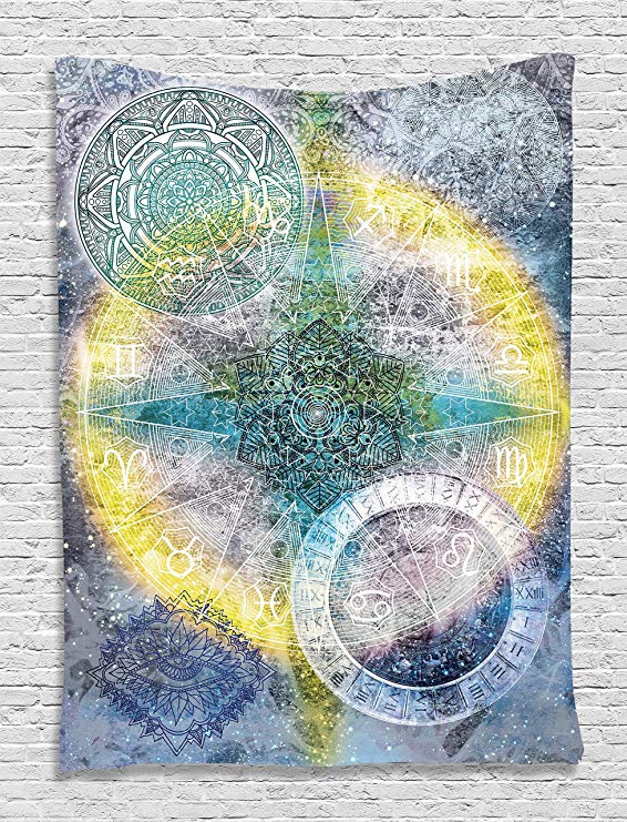 Ambesonne Batik Tapestry Zodiac Wall Decor Astrology Chart Calendar Horoscopes Batik Stars Psychedelic Mandala Hippie Tapestry Hanging Dorm Bedroom Living Room Decorations, Blue Purple Yellow Green