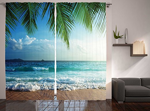 Curtains for Living Room Bedroom by Ambesonne, Nautical Maritime Palms Trees Ocean Decorations for Work Tropical Island Beach Seashore Water Waves 2 Panel Window Coverings Drapes, Blue Green Turquoise