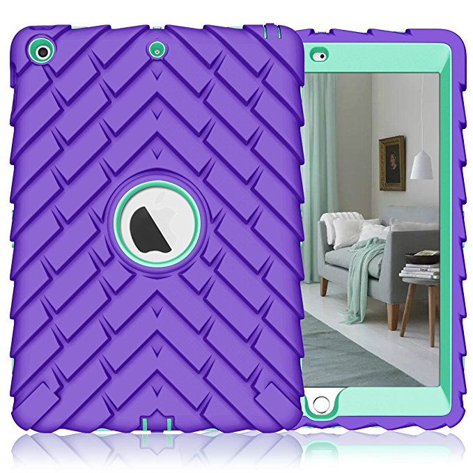 iPad 9.7 2018/2017 Case, iPad A1893/A1954 Case, Hocase Heavy Duty Shockproof Hybrid Dual Layer Silicone Hard Bumper Protective Case w/ Kickstand for iPad 5th/6th Generation - Purple / Teal