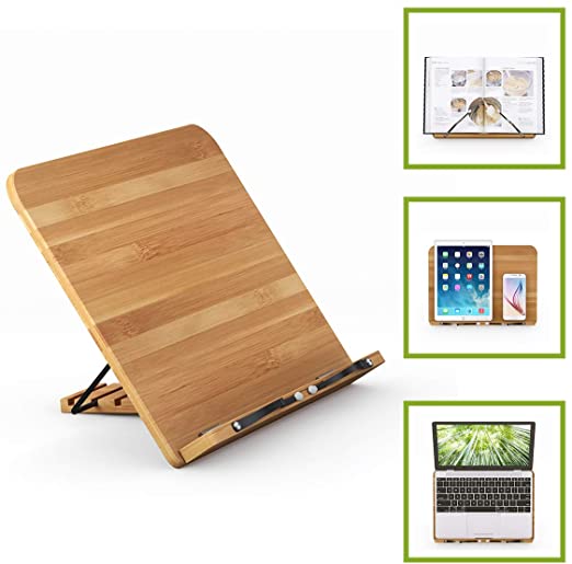 ZHU CHUANG Bamboo Book Stand Adjustable and Foldable Book Holder Tray and Page Paper Clips Textbooks, Magazines, Music Books Stand (Style 1)