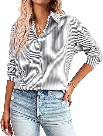 Zeagoo Striped Button Down Shirts for Women Casual Loose Long Sleeve Shirts Business Work Tunic Top