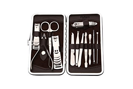FlyItem 12PCS Professional Stainless Steel Nail Pedicure Ear Tool set Travel Case