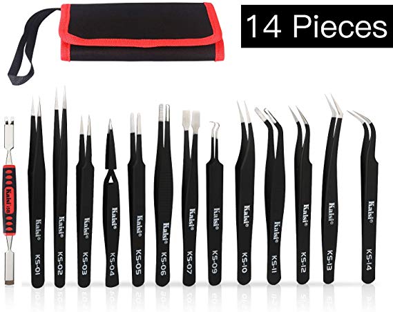 Kaisi 14 PCS Precision Tweezers Set Anti-Static ESD Tweezers Kit with 13 Precision Non-Magnetic Stainless Steel Tweezers With tweezers storage bag