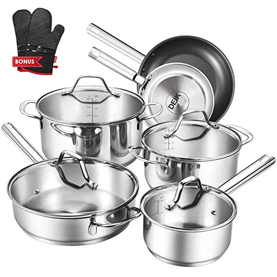 Deik Cookware Set Pots and Pans Sets Nonstick Stainless Steel Cookware Set Multi-Clad Pro Kitchenware Set 12-Piece Rustproof Oven-Safe Cooking Pots PFOA Free&Riveted Handles a Bonus of Oven Mitts