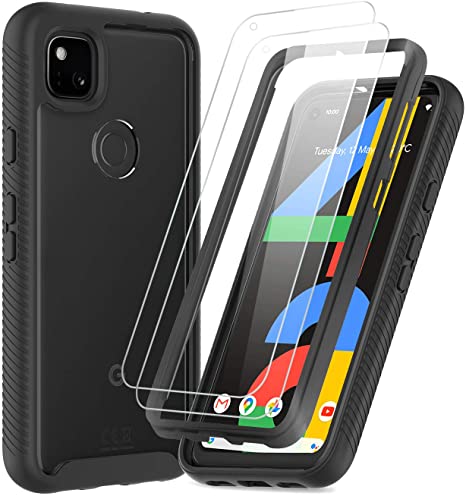 Pixel 4a Case, Google Pixel 4a Case with Tempered Glass Screen Protector [2 Pack], LeYi Full Body Protective Rugged Hybrid Bumper Shockproof Clear Phone Cover Case for Pixel 4a (Not Fit Pixel 4) Black