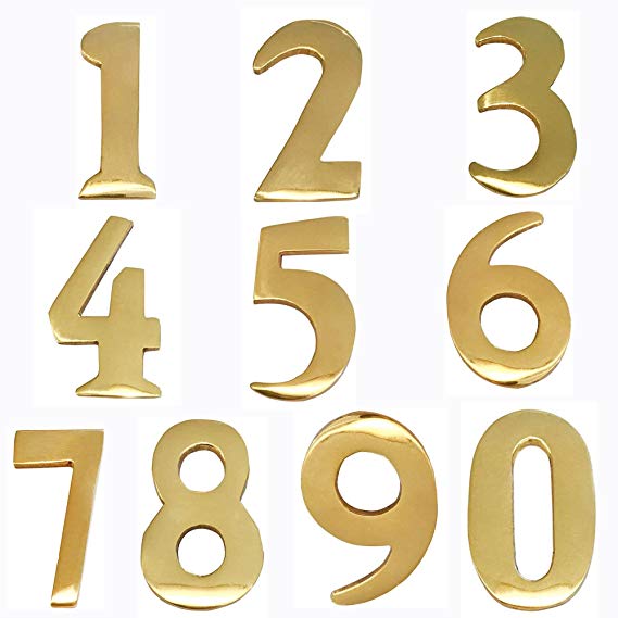 Addresses of Distinction 4 Customized 2-Inch Brass Mailbox Numbers – Pick Your Numbers - Self Adhesive – Williamsburg Font – Won’t Tarnish – Numbering for Address Plaque (4, 2-Inch Numbers)
