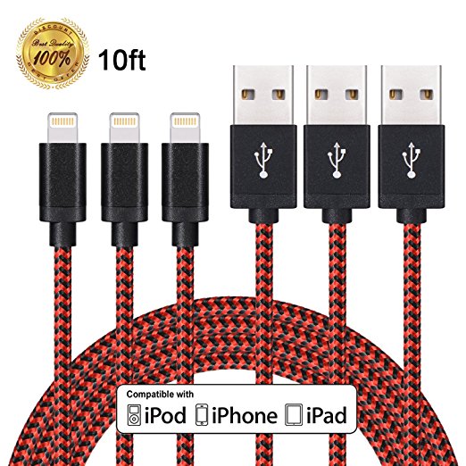 Winage 3Pack 10FT Nylon Braided Lightning Cable 8Pin to USB Charging Cable Cord with Aluminum Head Compatible with iPhone 7/ 7Plus, 6/6s/6 Plus/6s Plus/5/5c/5s/SE, iPad iPod Nano iPod Touch(Red&Black)