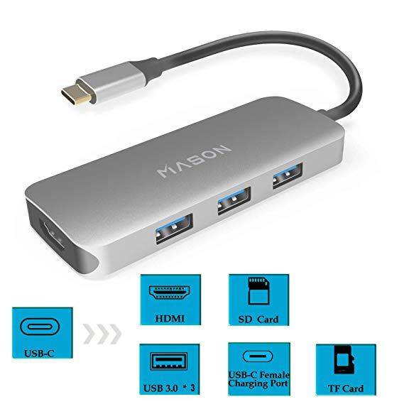 USB C Hub, 7 in 1 Multi Port Type C Adaptor, Type C Combo Hub with HDMI, SD/Micro Card Reader, 3 USB 3.0 Ports, USB-C Charging Port for Macbook, iMac, ChromeBook and More USB C Devices.