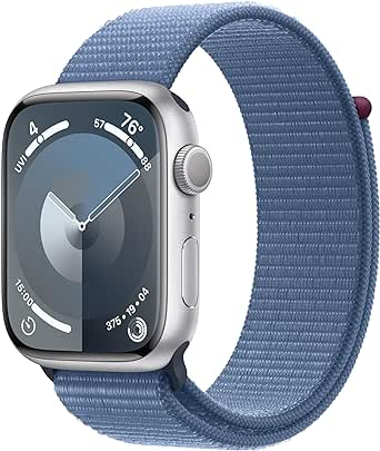 Apple Watch Series 9 [GPS 45mm] Smartwatch with Silver Aluminum Case with Winter Blue Sport Loop One Size. Fitness Tracker, ECG Apps, Always-On Retina Display, Carbon Neutral