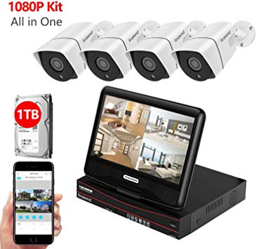 [10.1" LCD Monitor] All in One Security Camera System, Firstrend 8CH POE Security Camera System with 4pcs HD Security Camera, Plug and Play Security System with 1TB Hard Drive Pre-Installed, Free APP