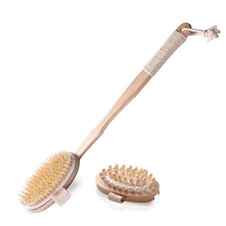 2-in-1 Bath Body Brush Detachable Body Massager Natural Boar Bristle Bamboo Back Scrubber with Long Handle