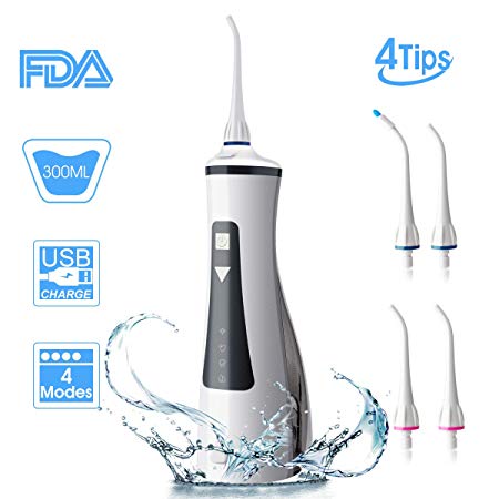 Cordless Water Flosser Teeth Cleaner, Kumet 4 Modes Oral Irrigator with 300ML Water Tank for Braces and Teeth, IPX7 Waterproof, USB Rechargeable Dental Flosser with 4 Jet Tips for Home and Travel