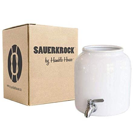 Humble House SAUERKROCK TAP Kombucha Crock with Stainless Steel Spigot - 10 Liter (2.6 Gallon) Ceramic Jar in Natural White for Continuous Brewing
