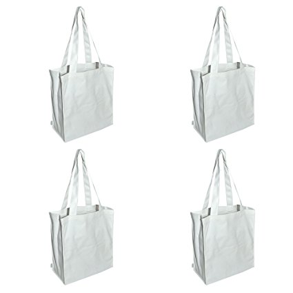 Augbunny 100% Cotton Canvas 13-1/2- by 7- by 16-Inch Grocery/Multipurpose Tote Bag, All White, 4-Pack