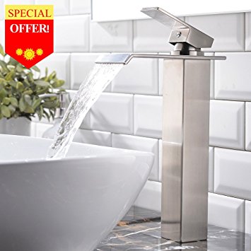 VESLA HOME Contemporary Brushed Nickel Single Handle 12 inch Tall Body Waterfall Bathroom Sink Faucet with Large Rectangular Spout