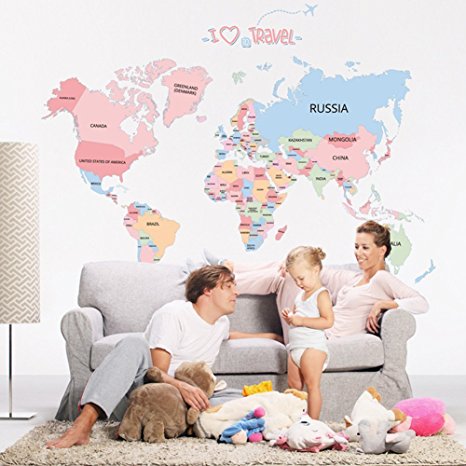 Animoeco World Map Wall Decal Vinyl Wall Art Removable Sticker Large creative net graph puzzle Peel and Stick Mural Home Office Decor (World Map Wall)