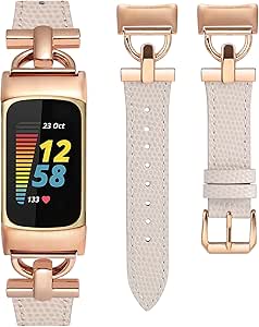 Wearlizer Leather Band Compatible with Fitbit Charge 6 Bands/Charge 5 Bands for Women, Dressy Slim Leather Strap Replacement Wristband with D-Shape Metal Buckle for Fitbit Charge 5/Charge 6 Band