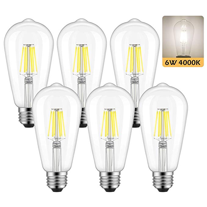 Kohree Dimmable Edison LED Bulb, Daylight White 4000K, 6W Vintage LED Filament Light Bulb, 60W Equivalent, White Edison Bulbs ST64 E26 Base for Restaurant,Home,Reading Room, 6 Pack (Daylight White, NOT Soft/Warm White)