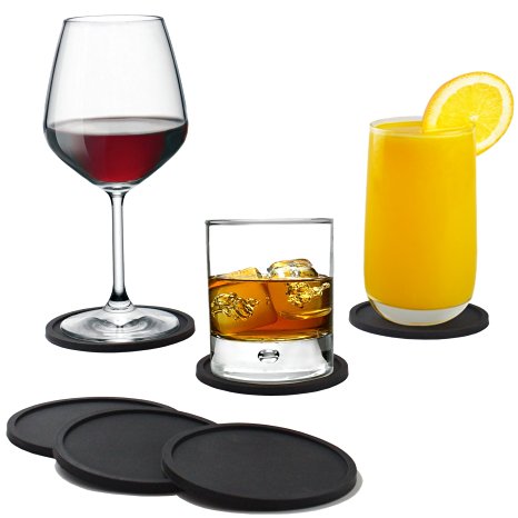 Coasters - Silicone - Set of 8 - Black - Sleek, Modern Design Protects Furniture from Spills, Stains & Condensation - Ideal Gift - Perfect Home or Bar Drink Coasters - Enjoy Drinks without Worry!