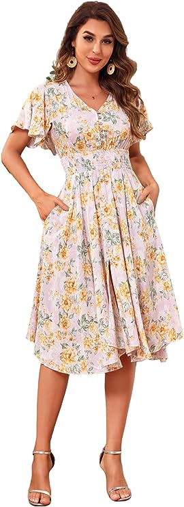 NERLEROLIAN Woman's Floral V Neck Button Elastic Waist Dress with Pockets