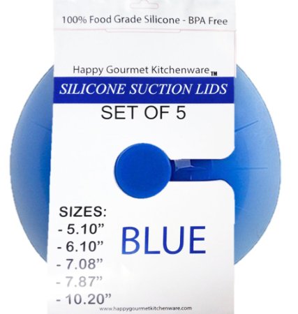 Set of 5 Silicone Suction Lids and Food Covers - Fits Various Sizes of Cups Bowls Pans or Containers Color Blue - Happy Gourmet