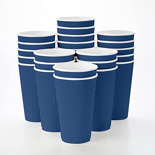 16 Ounce Paper Coffee Cups, 25 Ripple Wall Disposable Paper Cups - Leakproof, Recyclable, Midnight Blue Paper Hot Cups, Insulated, Matching Lids Sold Separately - Restaurantware