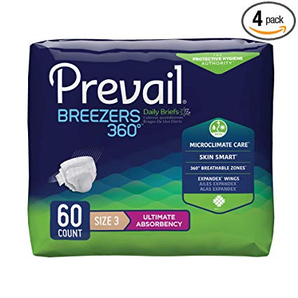 Prevail Breezers 360 Ultimate Absorbency Incontinence Briefs, Size 3, 15 Count (Pack of 4)