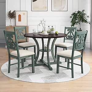 Harper & Bright Designs Retro Style Round Kitchen Dining Table Set for 4, 5 Piece Round Dining Table and 4 Fabric Chairs with Special-Shaped Table Legs and Storage Shelf, Antique Blue/Dark Brown