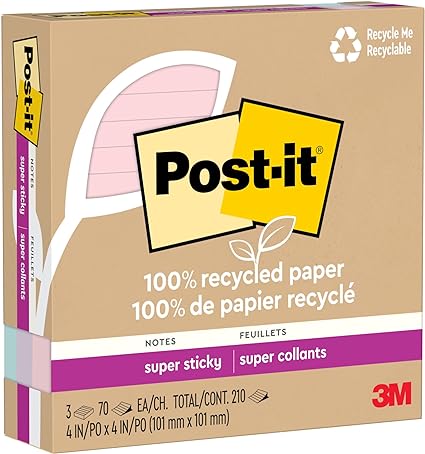 Post-it 100% Recycled Paper Super Sticky Notes, 2X The Sticking Power, 4x4 in, Lined, 3 Pads, 70 Sheets/Pad, Wanderlust Pastels Collection (675R-3SSNRP)