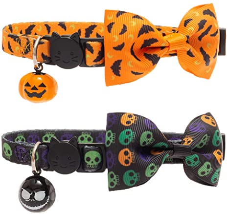 PUPTECK 2 PCS Halloween Cat Collar with Bell- Soft Adjustable Breakaway Cat Collar with Bowtie