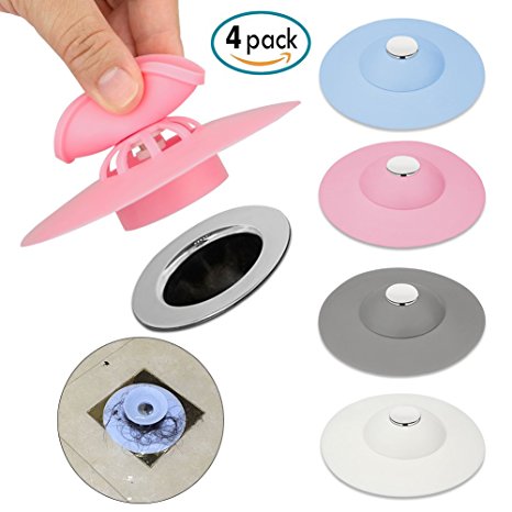 Qoodus 4 Packs Sink Strainer Plug, Kitchen Sink Strainers Shower Bathtub Drain Cover Stopper Silicone Hot Bath Tub Protectors Hair Catchers for Floor Laundry Kitchen Bathroom, 2 in 1 Stop & Filters