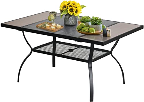 EdMaxwell Patio Dining Table 60"x 37" Rectangular Outdoor Metal Table for 6 Large Furniture Tables Bistro Table Wood Like and Marbling Table top with 1.73” Umbrella Hole for Garden Backyard Poolside