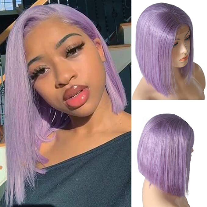 Lilac Lace Front Human Hair Bob Wig Silky Straight Middle Part Bob Wigs Glueless Pre Plucked 180 Density Swiss Lace Bob Wig 8 Inch