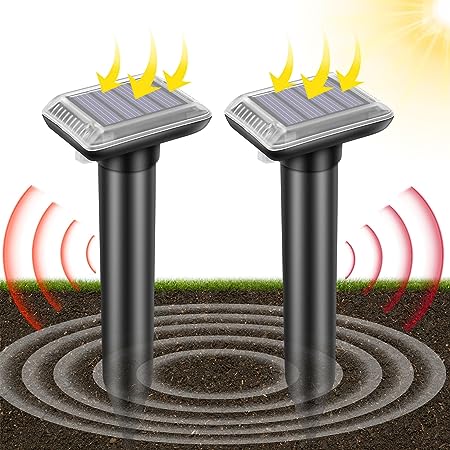 Solar Mole Repellent, Ultrasonic Gopher Repeller Outdoor, Solar Powered Waterproof Snake Repellent Deterrent Gopher Vole Snake Pest and Other Rodent Animals from Lawn Garden Yard Home(2 Packs)