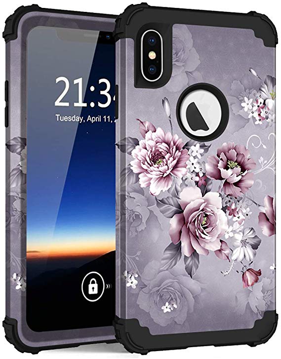 Hocase iPhone Xs Max Case, Shockproof Heavy Duty Protection Hard Plastic Cover Silicone Rubber Case Hybrid Dual Layer Protective Phone Case for iPhone Xs Max 6.5-inch 2018 - Light Purple Flowers