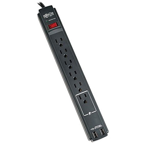 Tripp Lite 6 Outlet Surge Protector Power Strip 6ft Cord 990 Joules Dual USB Charging, (TLP606USBB), Black