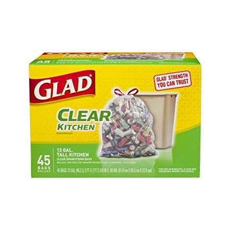 Glad Tall Kitchen Drawstring Clear Recycling Trash Bags, 13 Gallon, 45 Count