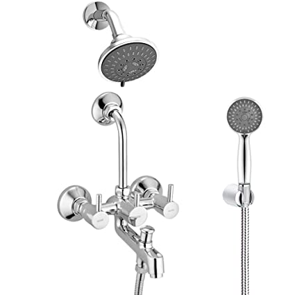 ALTON GRC3830 Brass, 3-in-1 Wall Mixer With 5-Function Overhead and Hand Shower Set (Chrome)