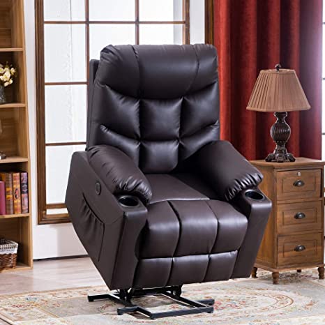 RELAXIXI Power Lift Recliner Chair, Electric Recliners for Elderly, Heated Vibration Massage Sofa with USB Ports, Remote Control, 3 Positions, 2 Side Pockets and Cup Holders (Faux Leather, Brown)