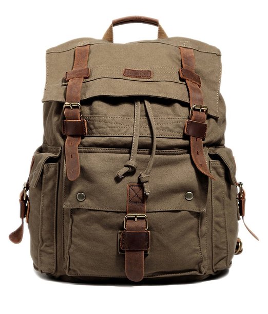 Kattee Men's Canvas Leather Hiking Travel Backpack Rucksack School Bag