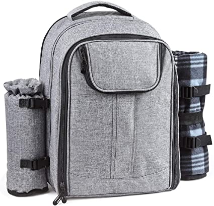 Forbidden Road Picnic Backpack with Blanket Soft, Cooler Compartment, Bottle Holder Waterproof Picnic Bag for Outdoor Hiking Backpacking Traveling Short Trip Workout Work (Gray)